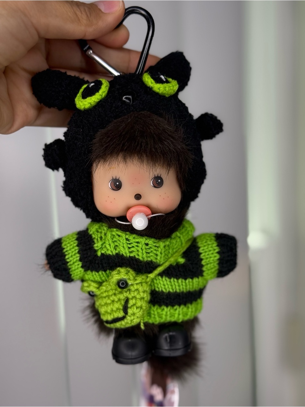 Monchichi Plush Keychain Doll in Black and Bright Green Knit Outfit